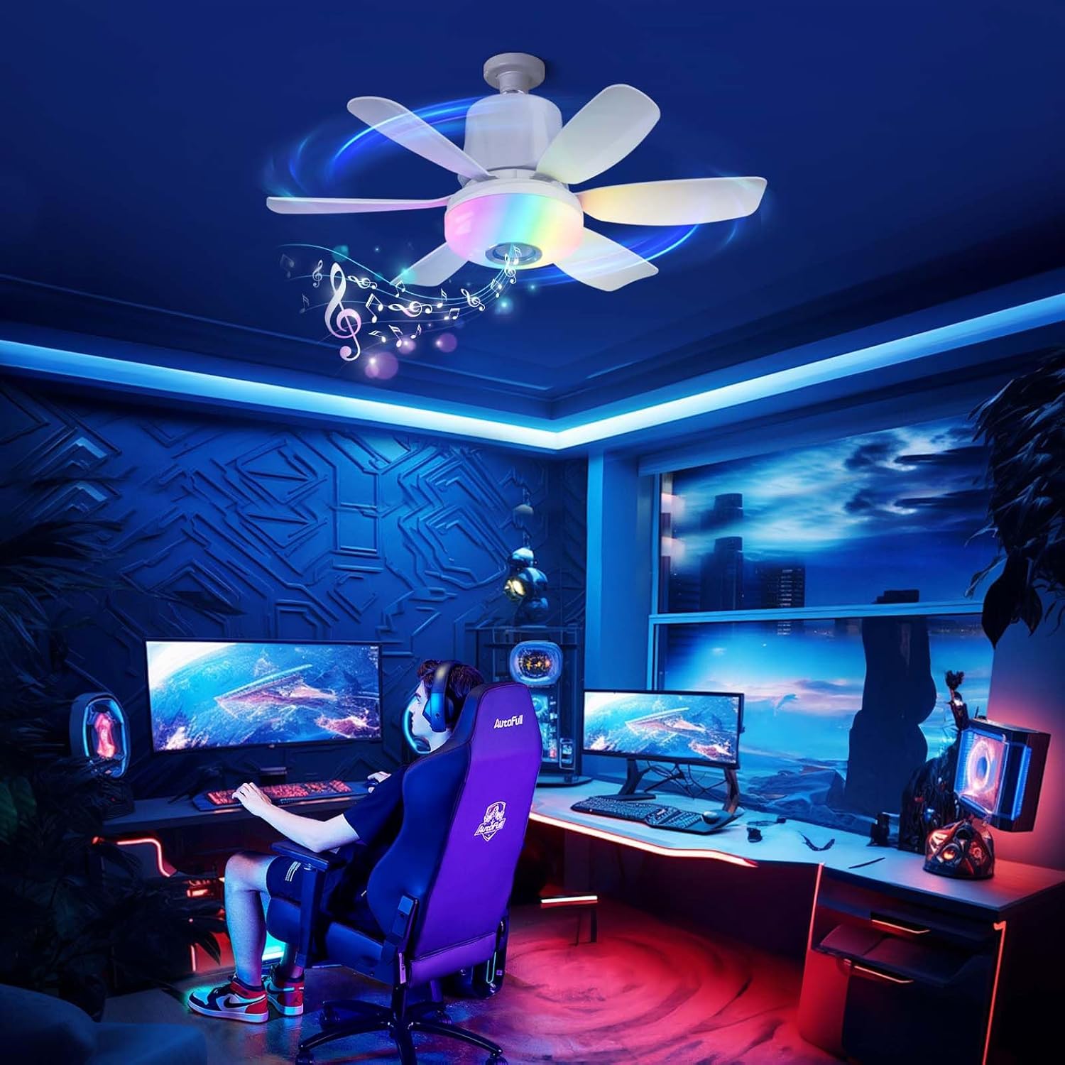 4 in 1 Socket Fan Light with Remote, 18.5 inch Small Ceiling Fans with Dimmable Led Light, Bluetooth Speaker, 3 Colors, 3 RGB Mode, 3 Fan Speeds, Screw in E26 Base for Bedroom Kitchen -White