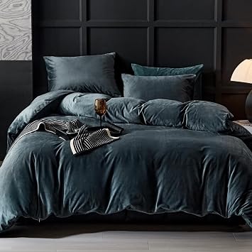 WARMDERN Dark Grey Flannel Velvet Duvet Cover Queen Size, 3-Piece
