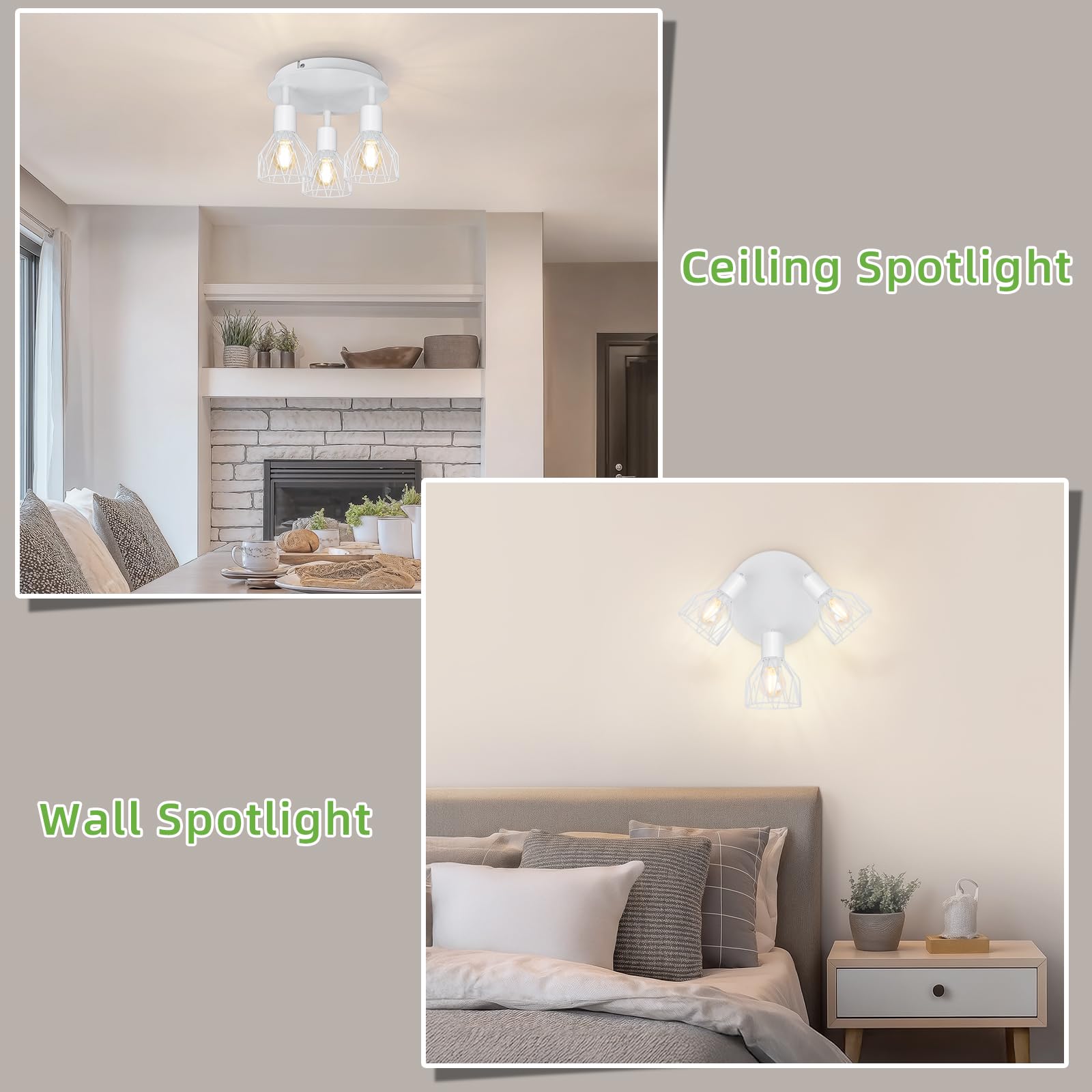 Kimjo Lámpara de Techo con 3 Focos Led E14, Plafón con Focos Ajustable, Interior Focos de Techo, Apliques Techo Blanco, Lampara Focos Led Techo para Dormitorio Cocina, Max. 40W Sin Bombilla