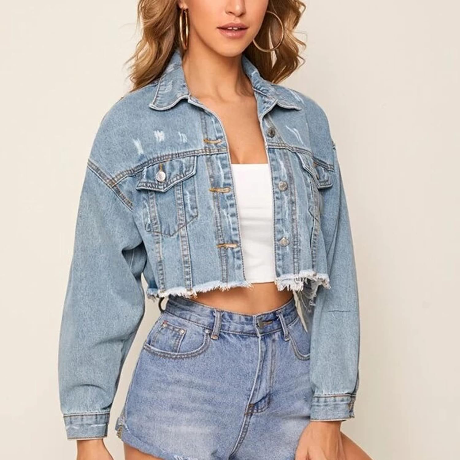 (Similar to the )Women's Fashion Vintage Washed Denim Jacket Distressed Destroyed Hem Long Sleeve Casual Cropped Jean Trucker Jackets X-Small Light Blue