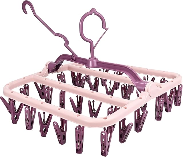 Sock Drying Racks, Folding Laundry Hanger with 32 Pegs Clothes Drying Rack, Wind-proof Clothes Hanger Rack Hanging Dryer Laundry Airer for Socks Underwear Shoe Insoles Baby Clothes Gloves (Pink)
