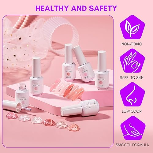 Miniatura 4 de Makartt Esmalte de uñas de gel, esmalte de gel natural de gelatina color nude rosa, blanco lechoso, rojo con purpurina, 6 unidades de 0.3 fl oz,