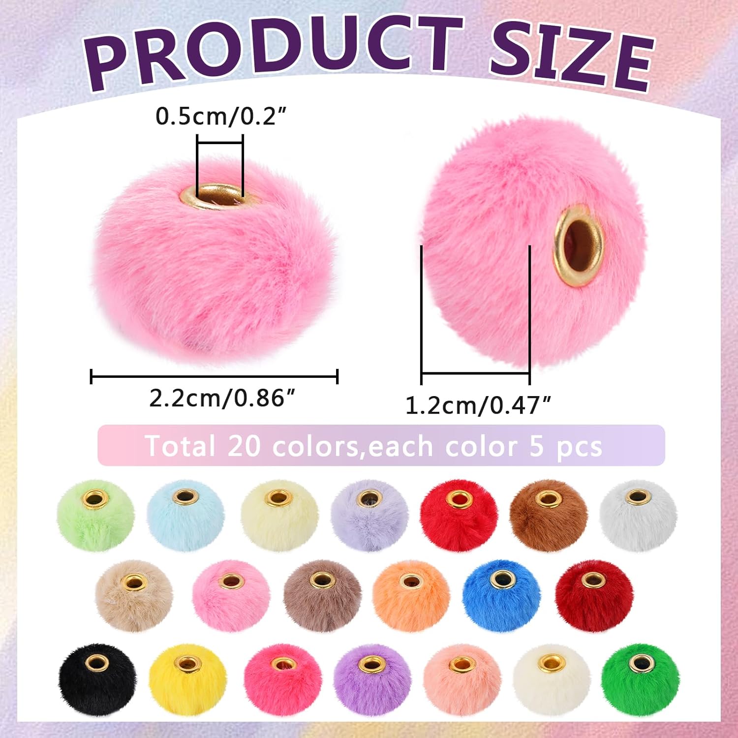 100Pcs Fluffy Beads Pom Poms Beads Soft Faux Fur Pom Pom Spacer Beads Plush Ball Beaded for Pens Jewelry Making DIY Necklace Bracelet Bangles Earrings Keychains Hair Clip Crafts Accessories - Image 2