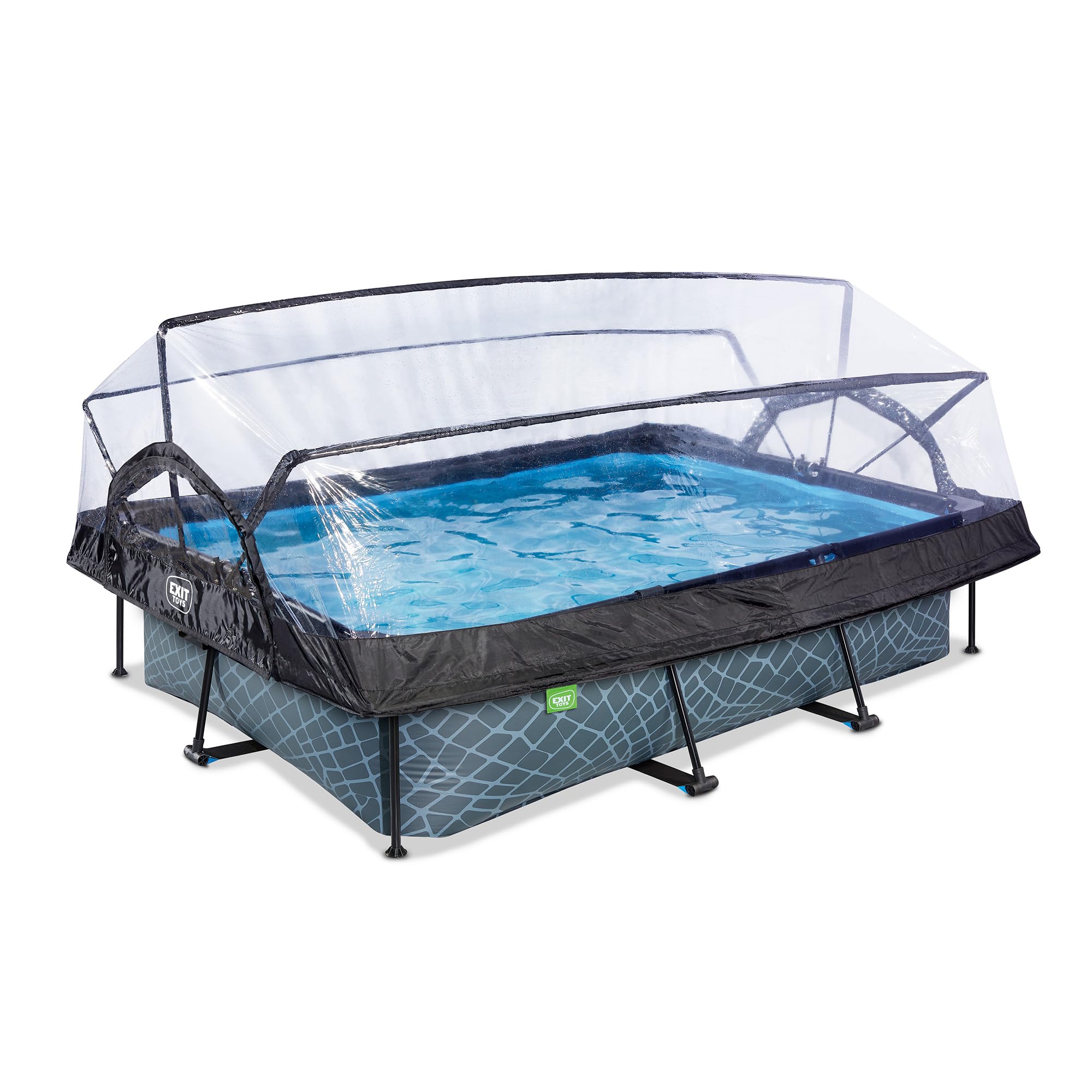 EXIT TOYS Piscine Hors Sol Rectangulaire 300 x 200 x 65 cm avec Pompe Filtrante – avec Bâche Multifonctionnelle – Piscine Tubulaire à Cadre Acier – Certifiée TÜV CE en 16582 – Stone Pool – Gris