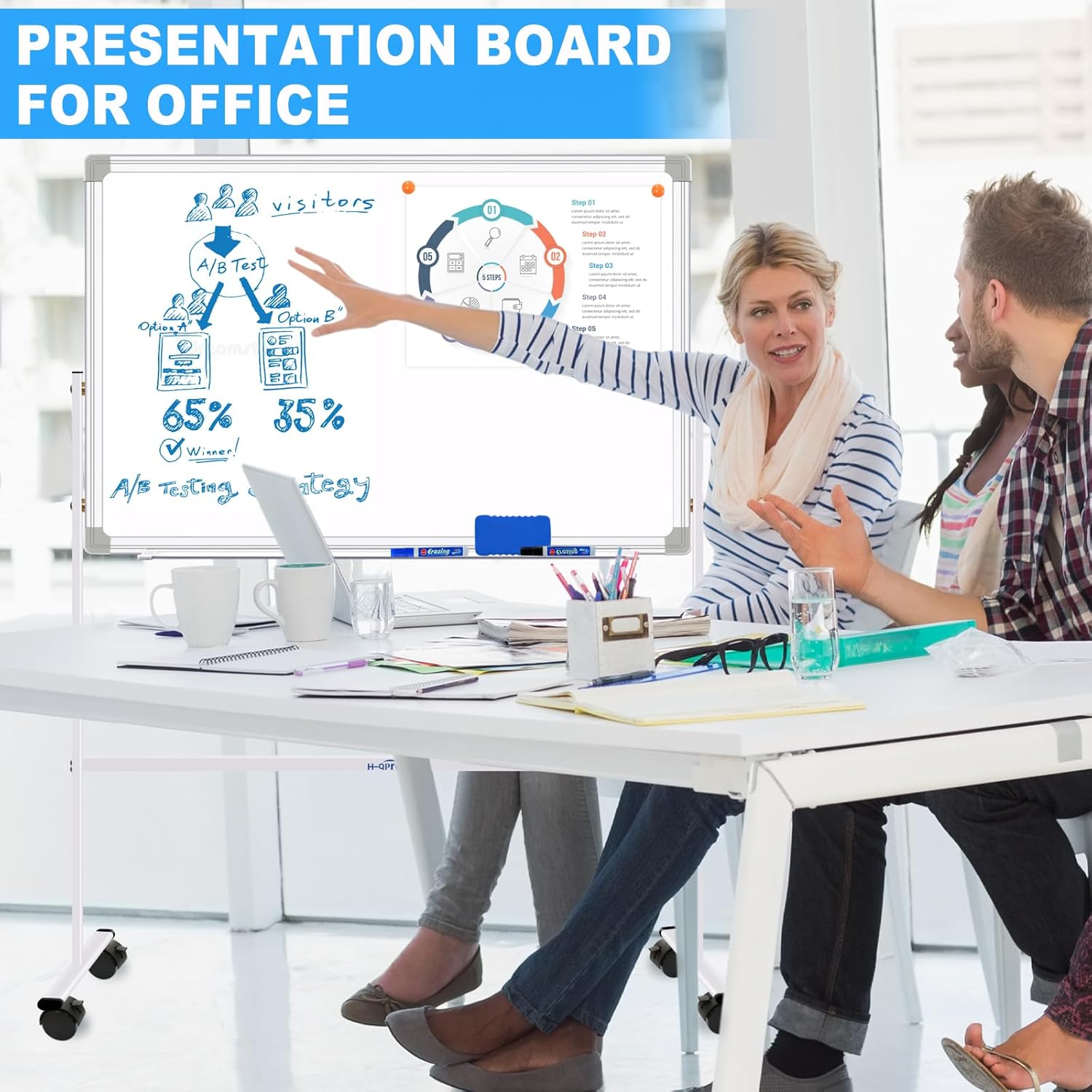 H-Qprobd Magnetic Dry Erase Board with Stand Double-Sided Mobile Whiteboard - 36"x24" Adjustable Height Rolling White Boards on Wheels for Kids & Adults