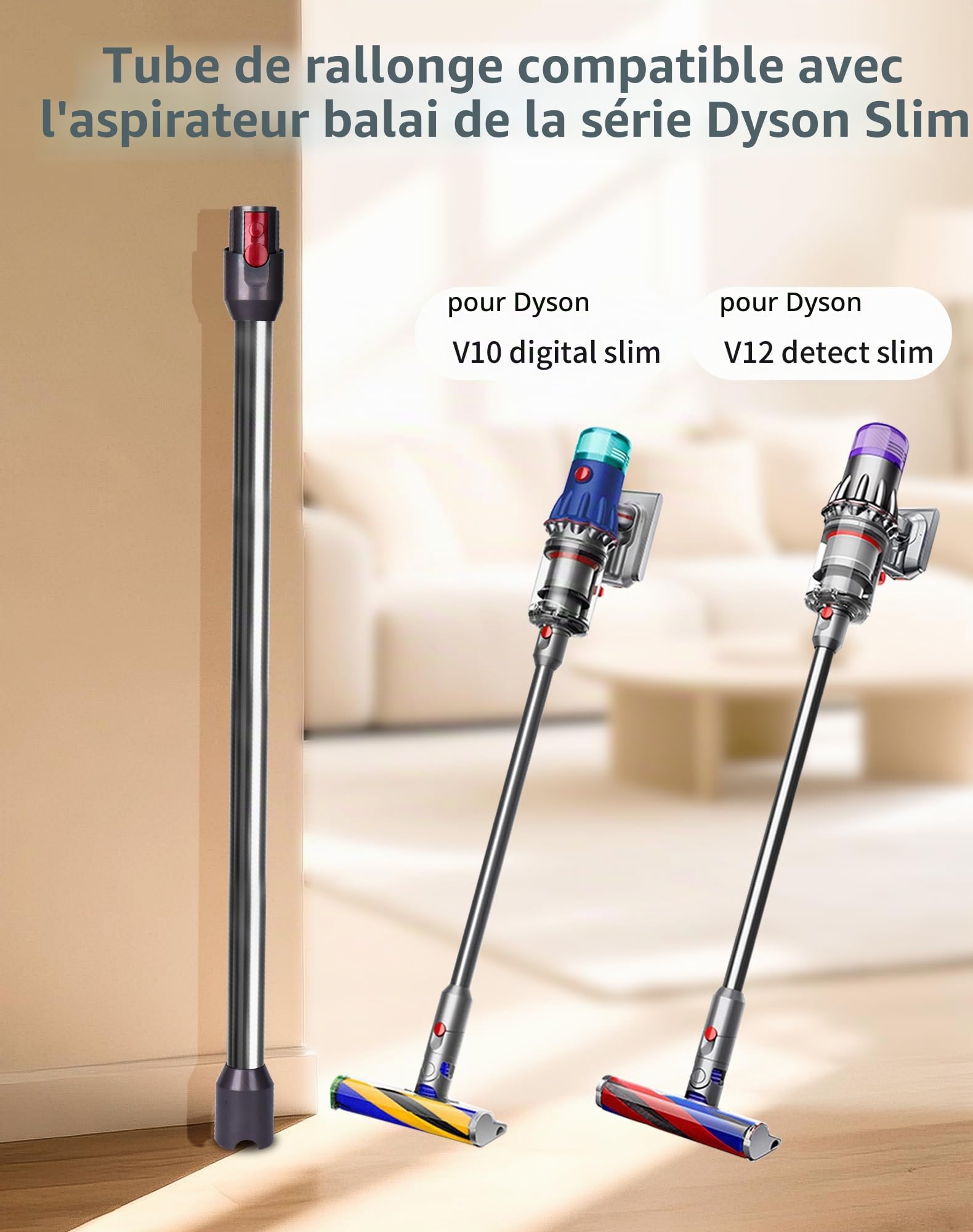 Tube d'extension pour aspirateur Dyson V12 Detect Slim / V10 Digital Slim tube télescopique en aluminium de 29 pouces avec verrouillage rapide – Accessoire de rechange pour tuyau d'aspiration