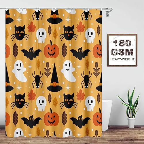 Miniatura 2 de Juego de 4 cortinas de ducha de Halloween naranja divertidos murciélagos fantasmas con alfombra de baño, tapete en forma de U, cubierta de tapa de