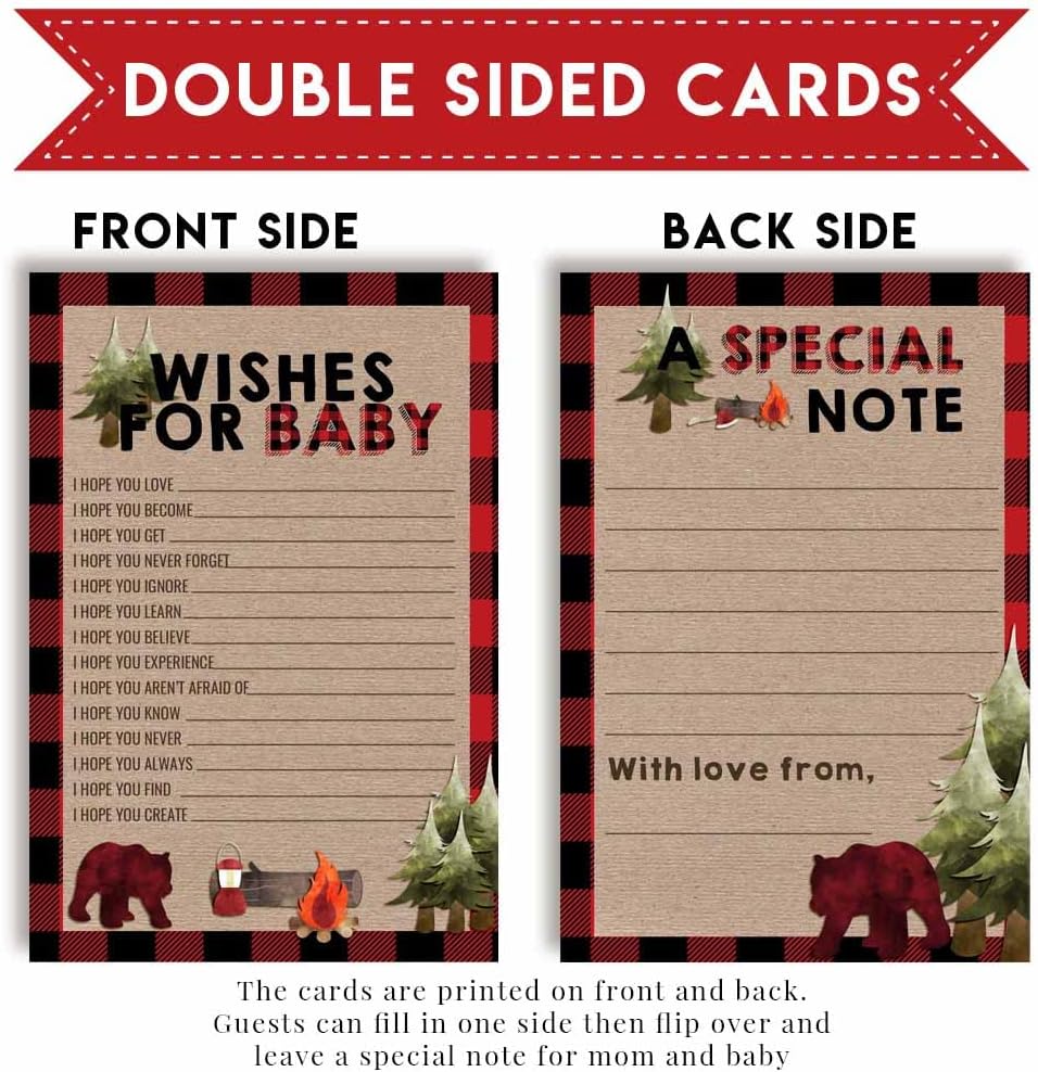 Outdoorsy Red and Black Plaid Lumberjack Baby Wishes Cards 20, 4"x6" - Great Keepsake and Fun Activity for Baby Showers - Wishes for Baby Keepsakes Last Generations - Fill-In, Double-Sided Cards