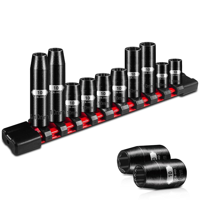 Jogo de Soquetes de Impacto ZHAX 10 mm em Aço CR-MO, Encaixes de 6 e 12 Pontos, Acionamento de 6,35 mm e 9,53 mm, 10 peças