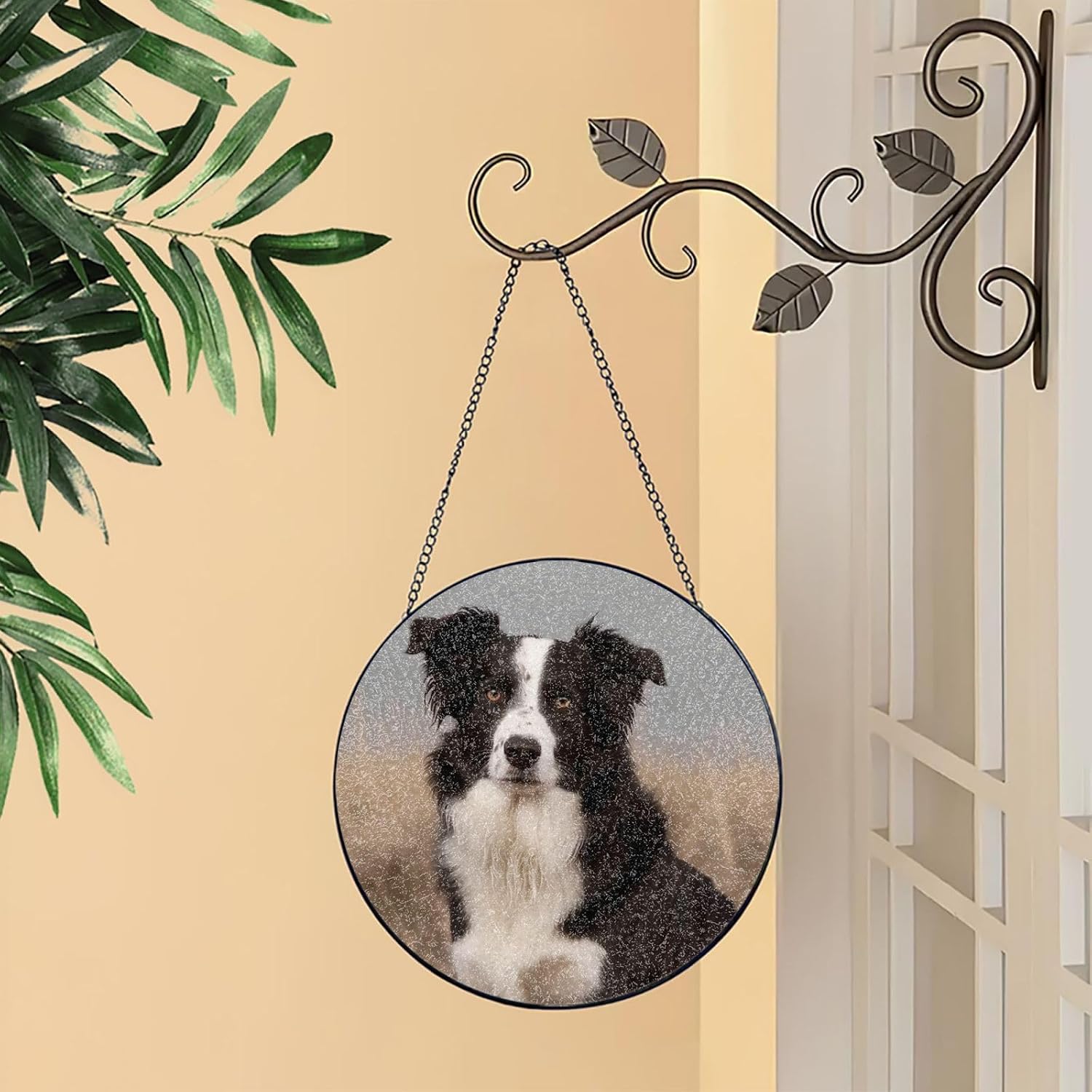 Border Collie Stained Glass Suncatcher for Window Hanging Sun Catcher Ornament for Women Men Suncatcher for Home Decor, 12in（30cm） Round Glass Ornament for Mother's Day Birthday Gift