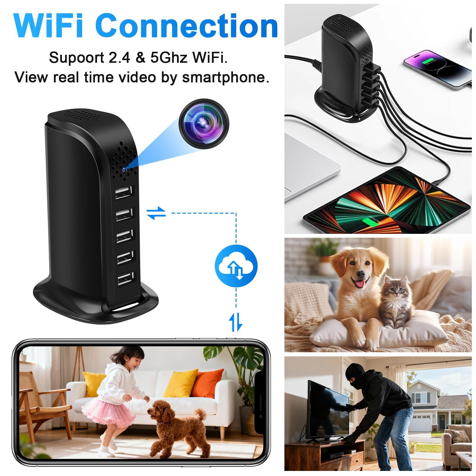 Kamera szpiegowska WiFi 2.4 i 5G, 5-portowa ładowarka USB z ukrytą mini kamerą szpiegowską, HD 1080P Ukryta kamera mikro WiFi obsługująca wykrywanie ruchu i nagrywanie w pętli