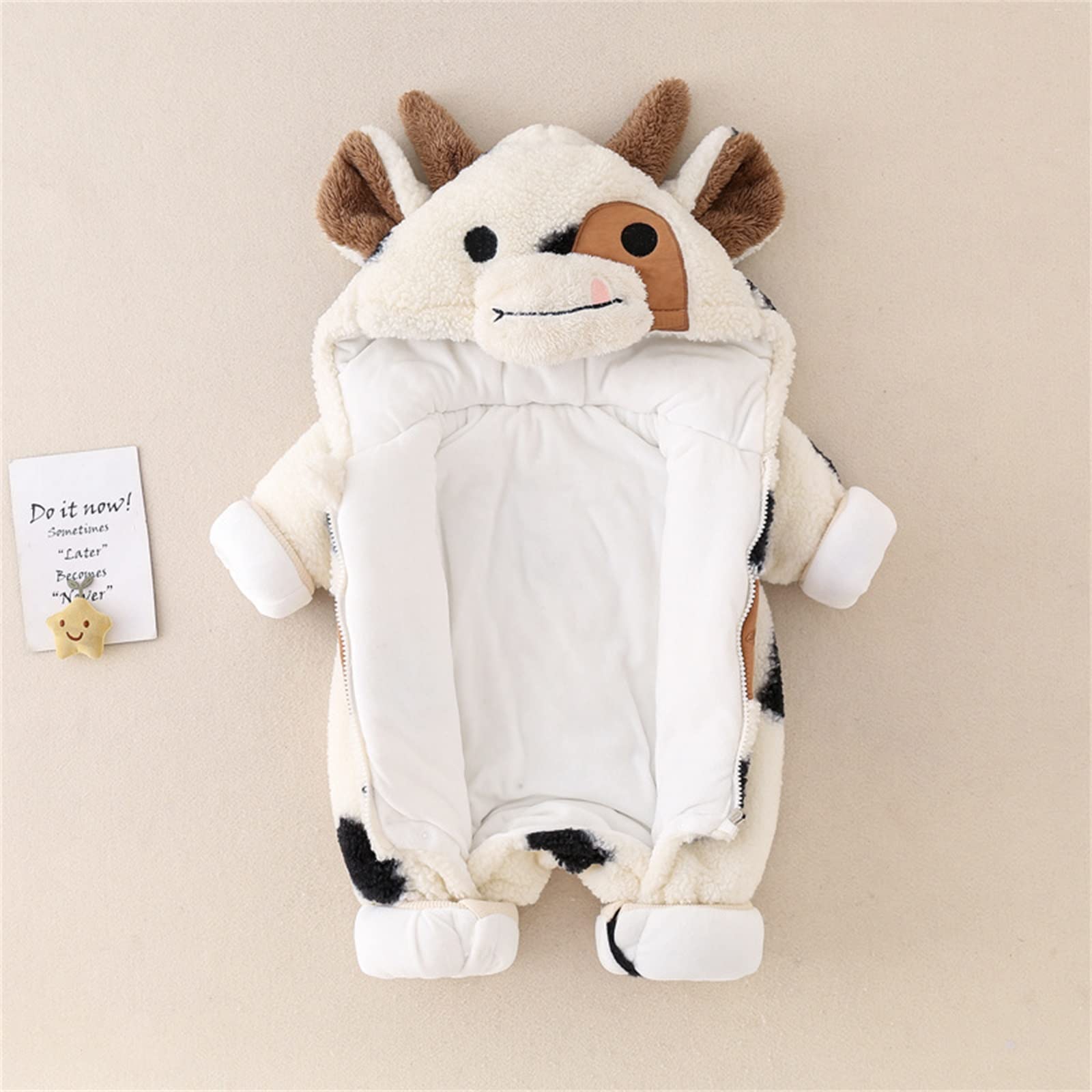 Baby Mädchen Jungen Tier Kostüm Winter Plüsch Overall Langarm Cartoon Cow Print Zipper Hooded Strampler Halloween Baby Kostüme Kleinkind Onesie (Beige, 12-18 Months)
