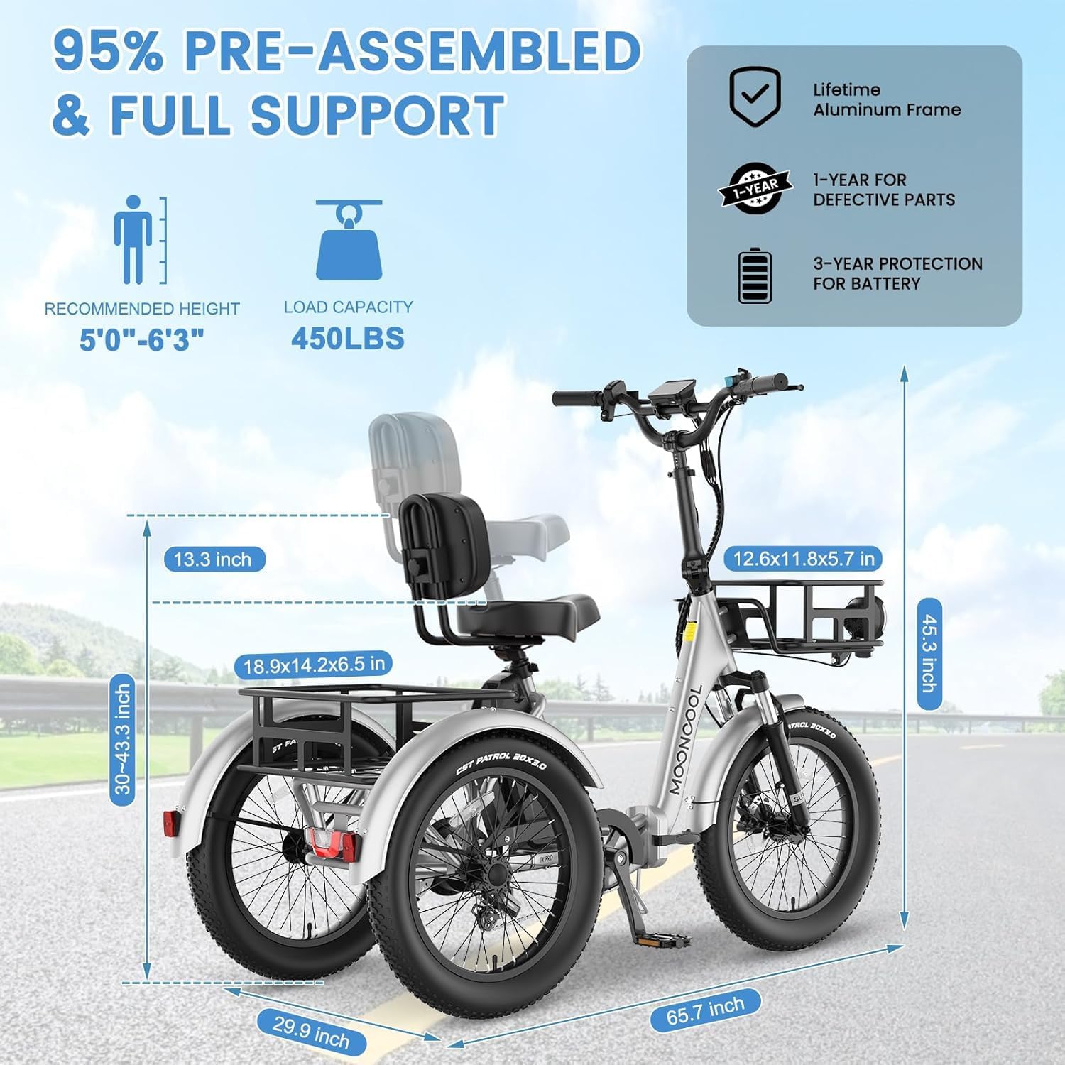 MOONCOOL Folding Electric Trike, 20" Electric Tricycle for Adults, 3“ Fat Tire 3 Wheels Electric Bicycle Bikes, 48V 500W/750W Motorized Ebike, Aluminum Frame, Removable Battery Basket