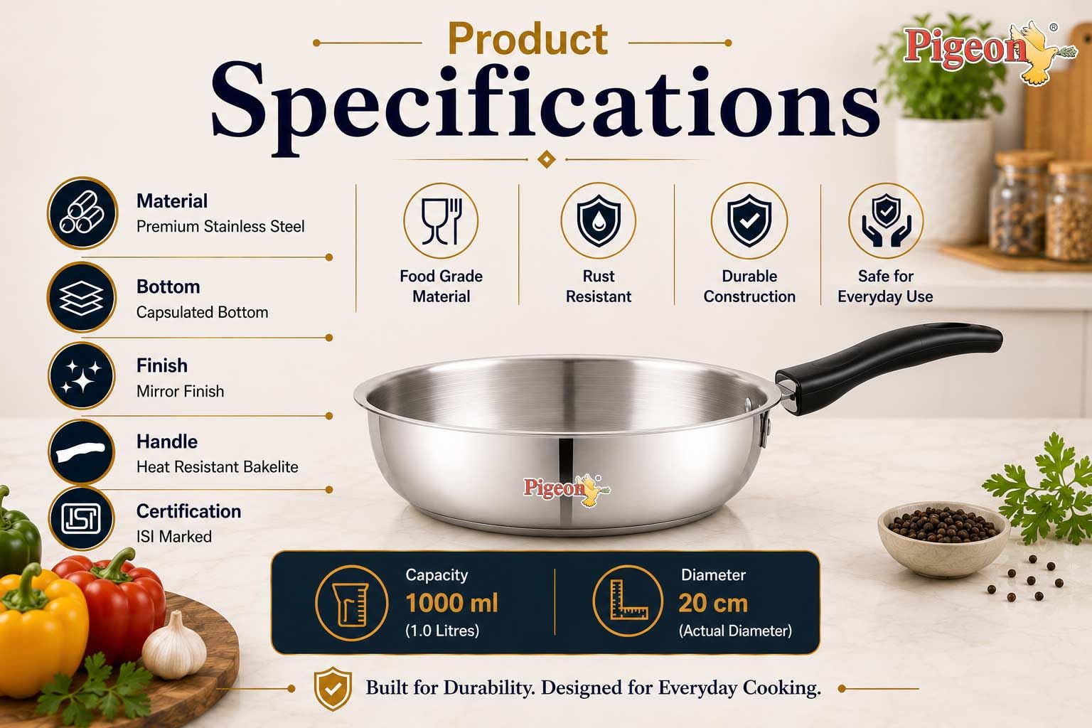 Pigeon Stainless Steel Frypan - 20cm, Scratch Resistant -3 Pigeon Stainless Steel Frypan - 20cm, Scratch Resistant -3