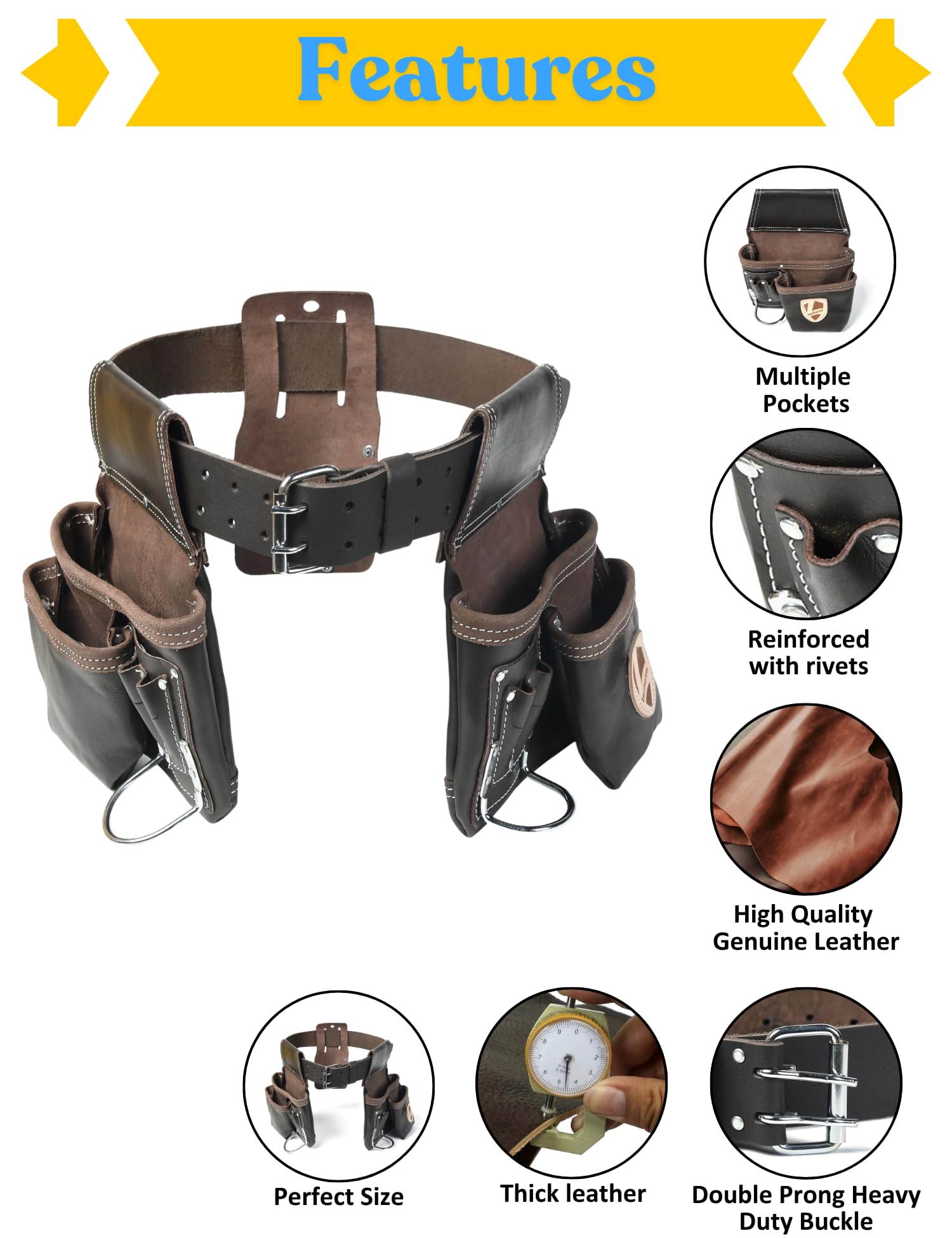 Cinturón de herramientas de cuero de grano completo resistente para electricistas, equipo de trabajo de construcción multibolsa con clip para llaves, cinturón de carpintero duradero para hombres