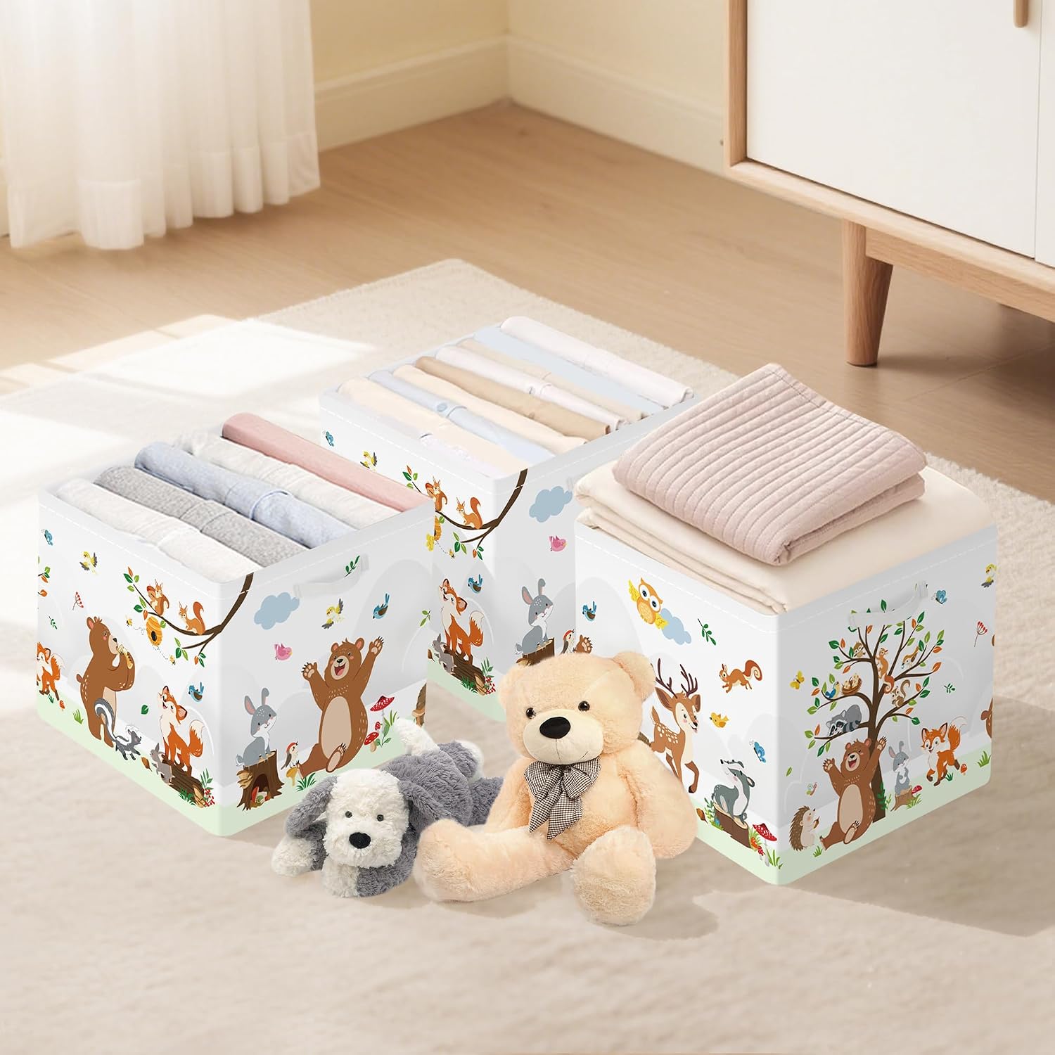 Clastyle 11.8" Animal Storage Basket Set of 3 for Kid Toy Clothes Bin | Collapsible Fabric Book Bin, Metal Frame Bottom Board, Cube Organizer, Closet Nursery Pantry Shelf Bedroom, Woodland Bear