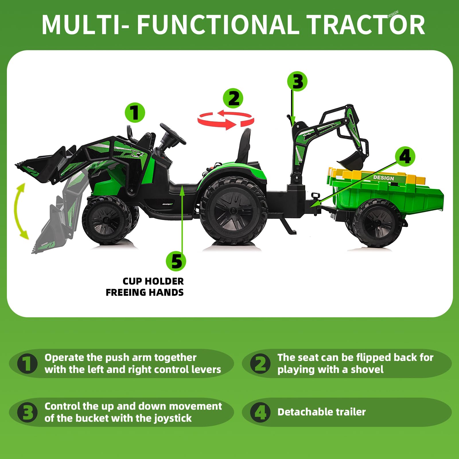 Tractor 3 en 1, juguete de paseo de 24 V para niños grandes, excavadora - Vehículo eléctrico a batería con remolque, excavadora, control remoto, luces LED, música, USB, funciona con pilas, verde 3