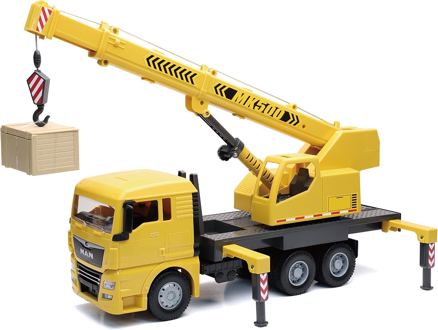 NewRay MAN TGX XL MK500 Crane Truck with its crane extended and a small wooden crate attached to the hook.
