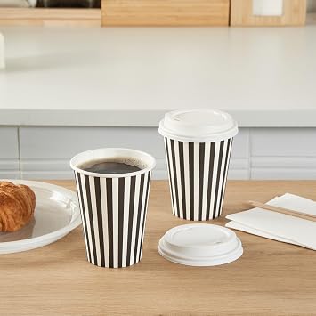 12 Ounce Disposable Coffee Cups With Lids, 20 Hot Cups With Lids - Sleeves Sold Separately, Single Wall, Black And White Stripe Paper Coffee Cups, For All Kinds Of Beverages - Restaurantware