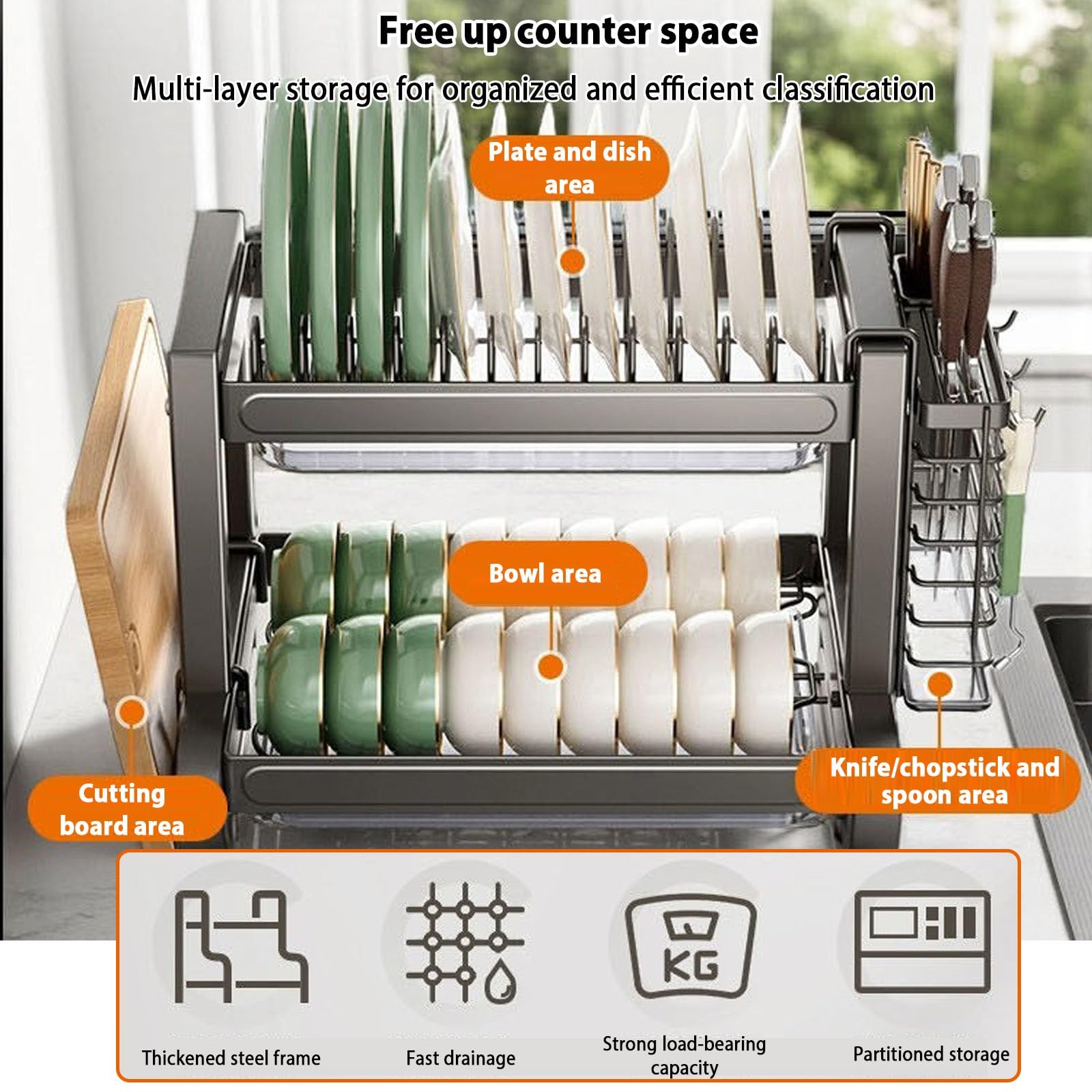 Soporte para utensilios de cocina, multifuncional, de acero inoxidable, organizador de triple capa para platos, vasos, cuencos, cocina del hogar, 55 cm