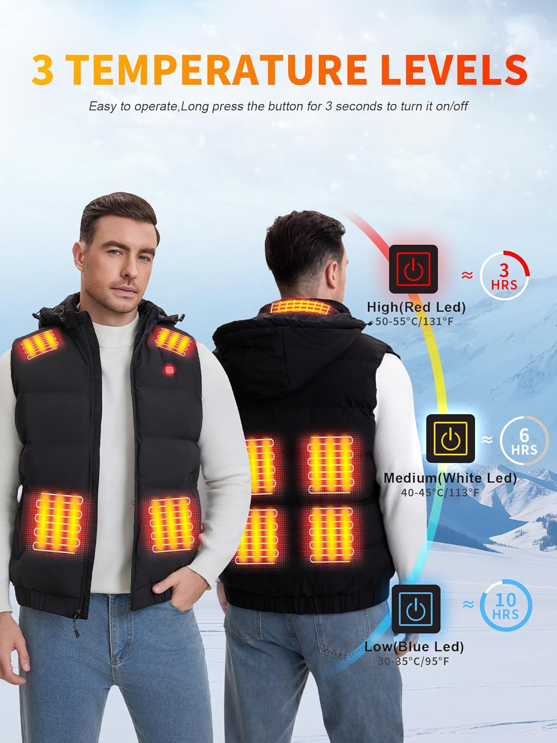 Rrtizan Heated Vest for Men with Detachable Hood, 10000mAh Battery, 9 Heating Zones, 3 Temp Levels, Lightweight Waterproof for Winter Hunting, Hiking(806,S) - Image 2
