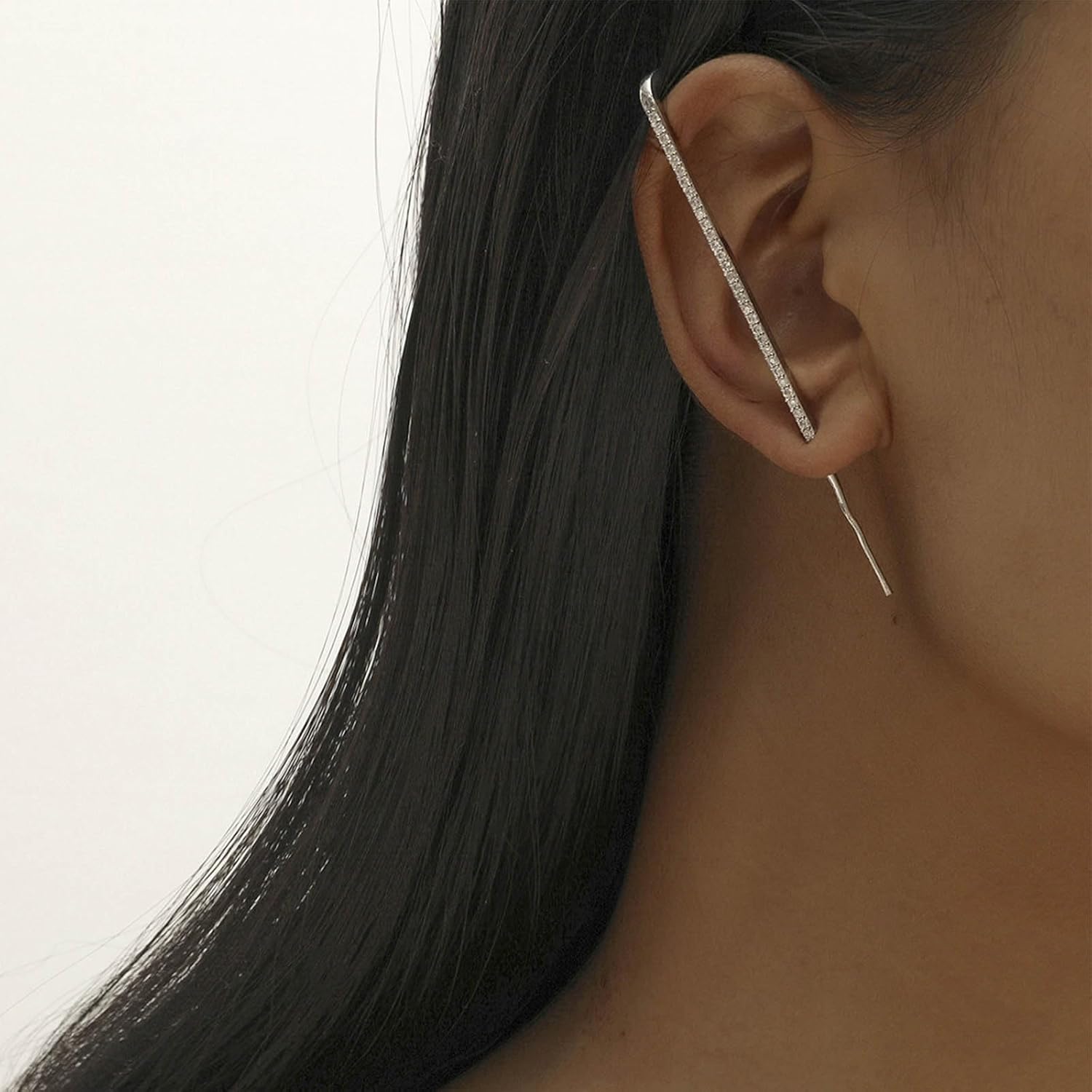 Vintage Crystal Ear Wrap Crawler Hook Earrings Long Rhinestone Ear Cuff Wrap Earrings Silver Cz Ear Cuff Hook Earrings Cz Crystal Ear Pin Crawler Earrings Jewelry for Women - Image 2