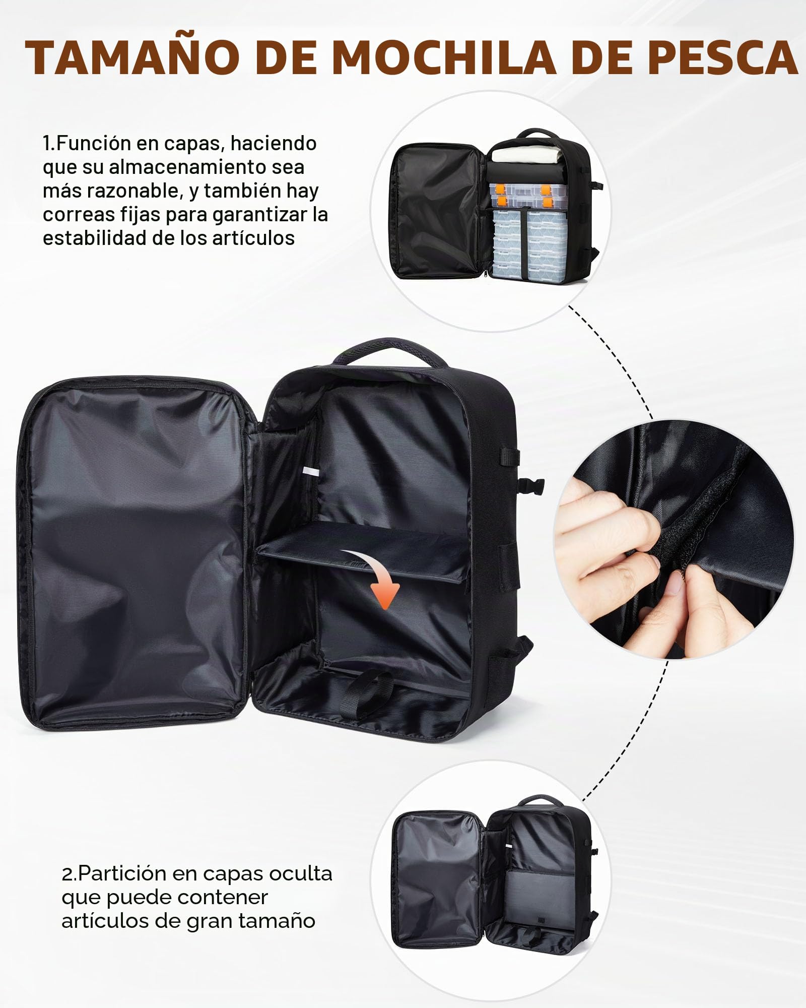 WEFLIER Mochilas de Pesca, Bolsos de Equipos de Con Accesorios de Pesca Con Palos de, Bolsos de Viaje Con Bolsas de Almacenamiento 48l, Caza de Campamento, Camping, Trekking, Negro