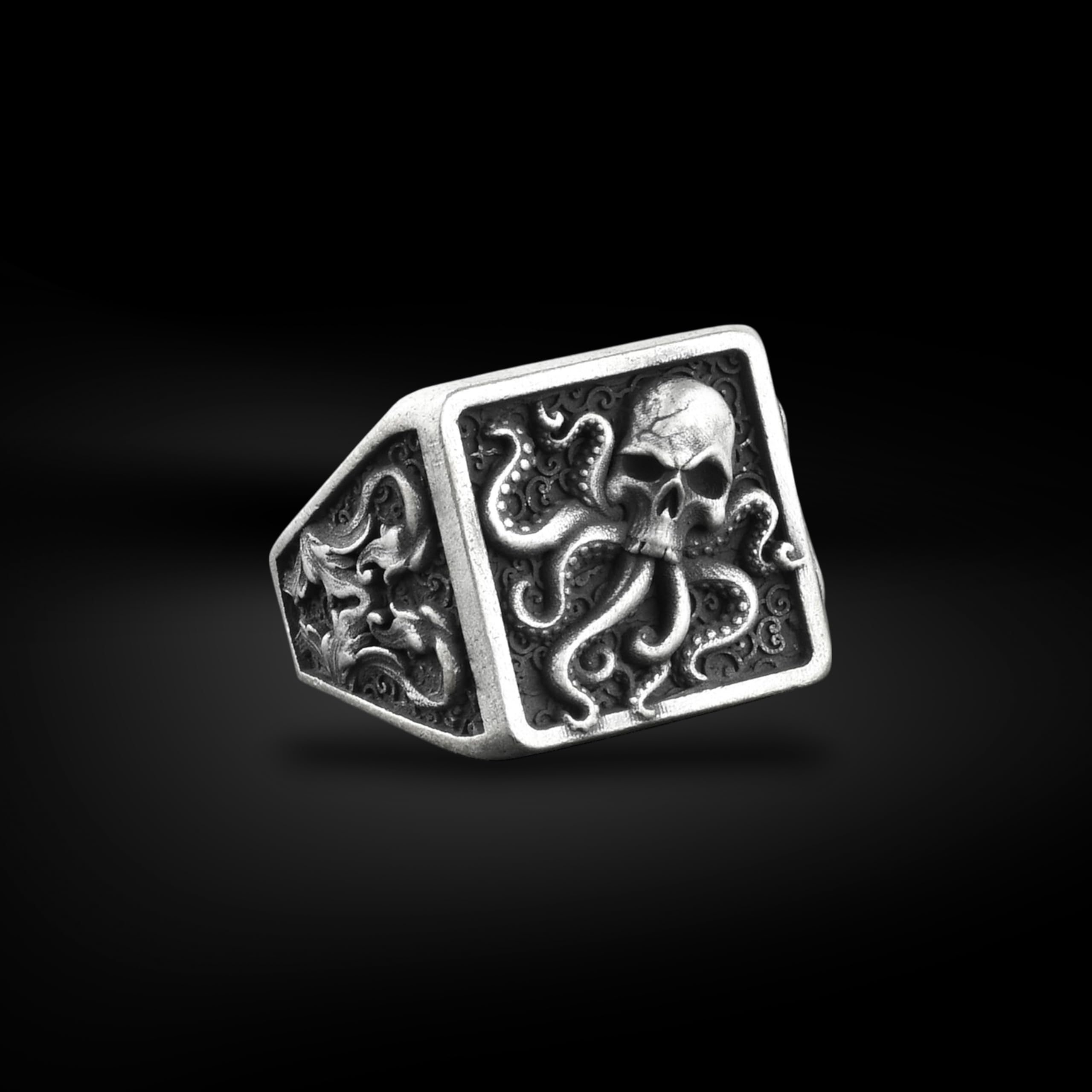 BySilverStone Jewelry Silberring Für Herren – Oktopus-Schädel Mit Seetang-Ring, Kraken-Herren-Siegelring Aus Oxidiertem Sterlingsilber, Gothic-Tierring Für Herren, Tentakel-Punk
