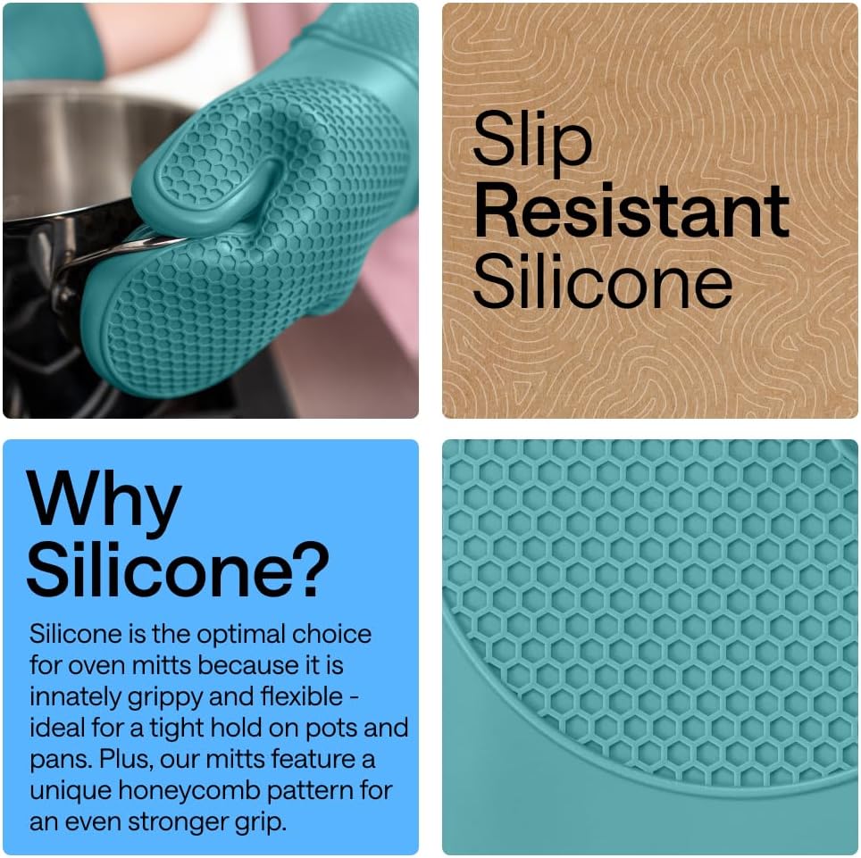 GORILLA GRIP BPA-Free Soft Silicone Oven Mitts, Heat Resistant and Waterproof Cooking Gloves, Thick Cotton Lining, Flexible Gripping for Baking Grilling, Kitchen Potholders Set, 12.5x8.3, Turquoise - Image 3