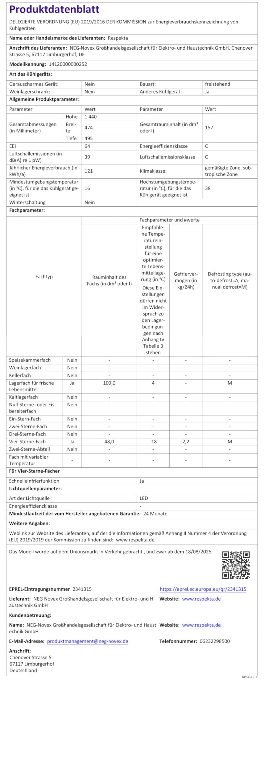 respekta Stand Kühl-Gefrierkombination / 157 L / **** Gefrierfach/Fast Cool Funktion/wechselbarer Türanschlag/LED / 144 cm hoch/C/Schwarz / KG144S-52