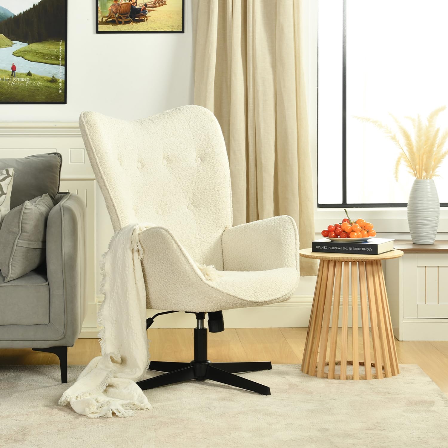 MEUBLE COSY Poltrona Imbottita Girevole Regolabile in Altezza, Sedia da Salotto Funzione di Inclinazione Libera, Poltroncina Relax con Schienale Alto in Tessuto Chenille, Beige