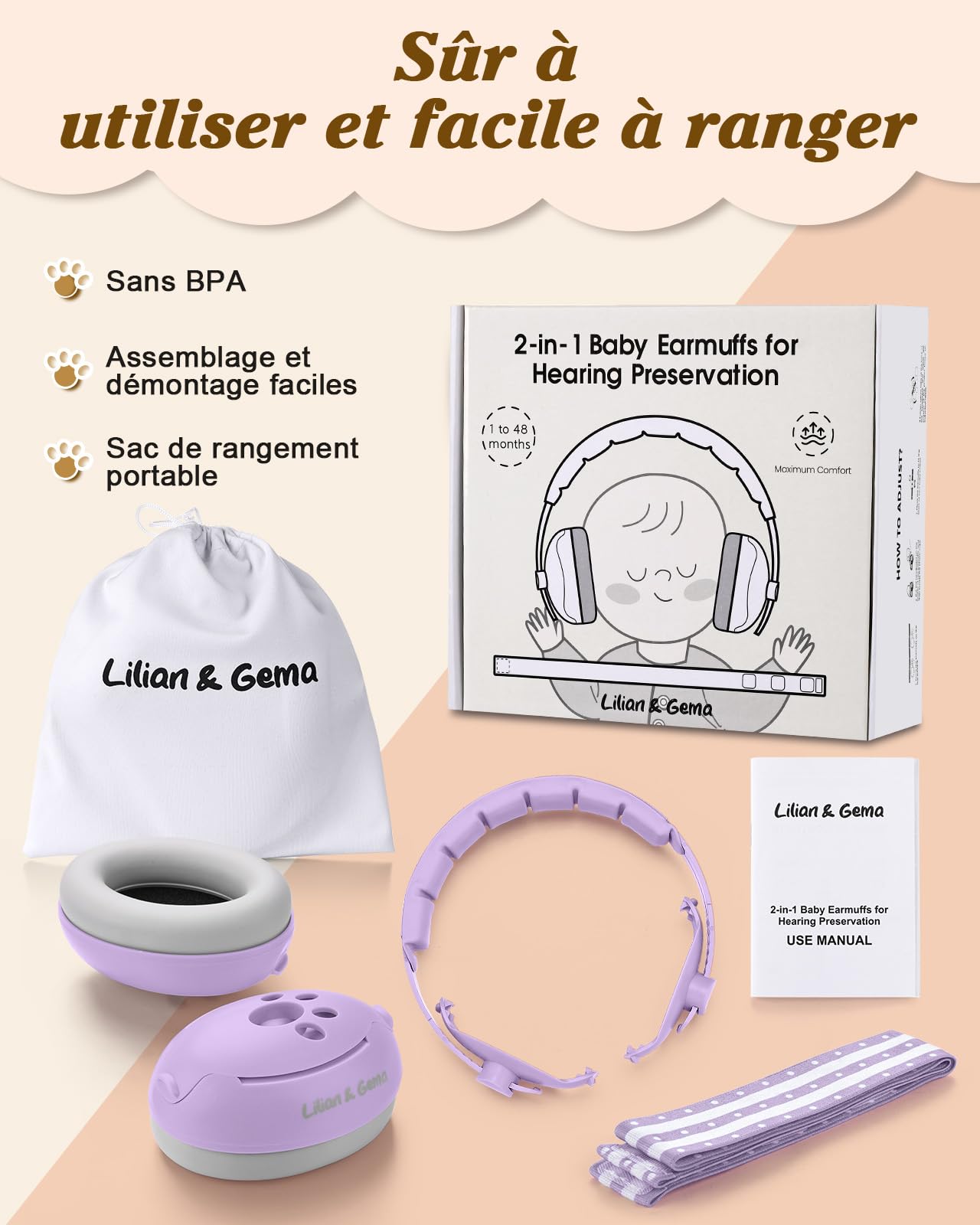 Lilian&Gema 2 in 1 Casco Anti Rumore Neonato, Casco Bambino Anti Rumore, Confortevole e Regolabile, Protezione Uditiva per Bambini sotto i 48 Mesi, Adatto per Sonno e Attività