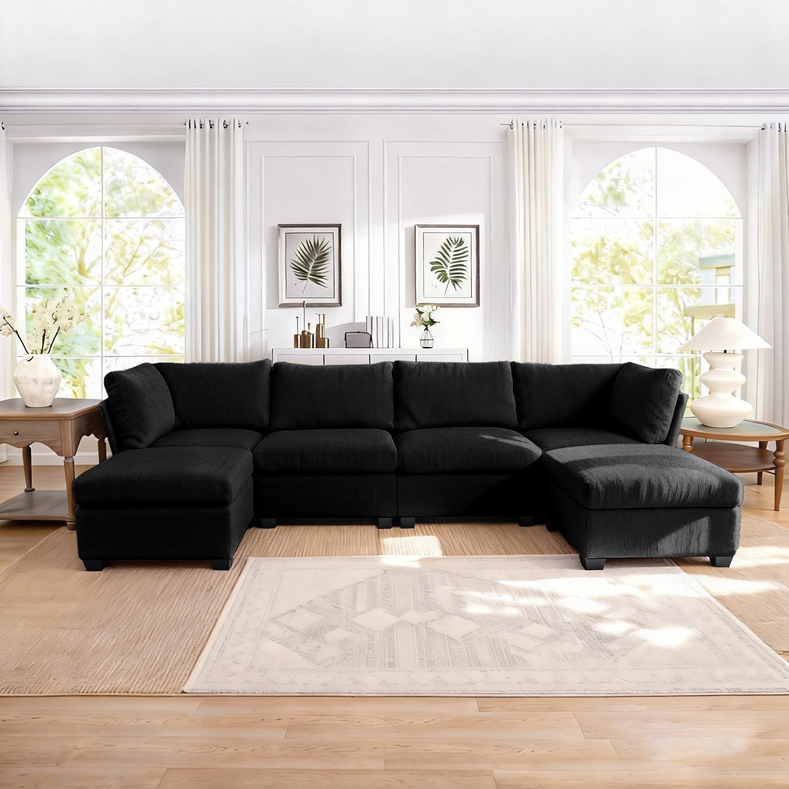 U-Shaped Modern Sofa Modular sectional Cloud Couch with 2 Ottomans, 6-seat Chenille deep-seat Sofa with Storage, and 6 Pillows for Living Rooms, bedrooms, and Apartments,Black