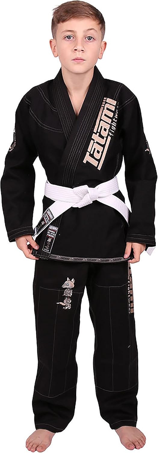 Tatami Fightwear Meerkatsu Kids Animal Jiu Jitsu Gi, 425GSM Jacket, Twill BJJ Pants, and White Belt, Black, M000