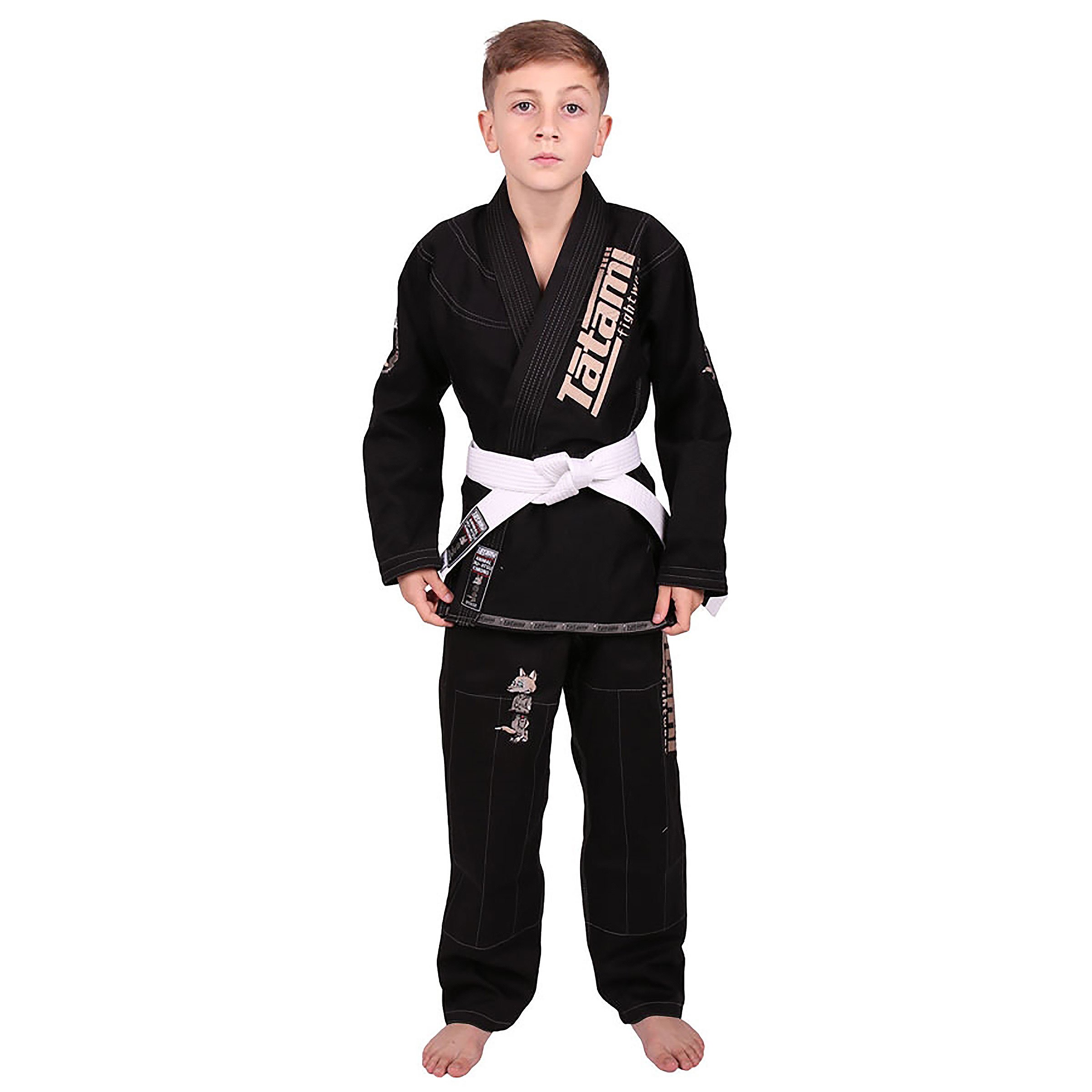 Tatami Fightwear Meerkatsu Kids Animal Jiu Jitsu Gi, 425GSM Jacket, Twill BJJ Pants, and White Belt, Black, M1