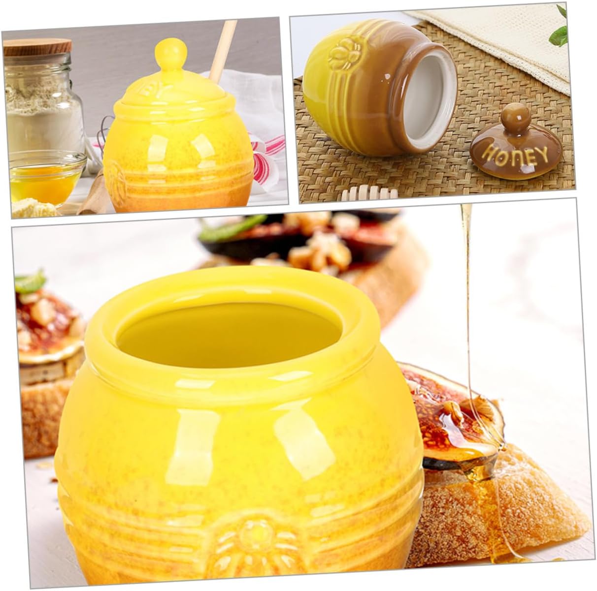 PRETYZOOM 2 Set Ceramic Honey Pot with Lid and Stirring Rod Vintage Design Honey Storage Jar Practical Kitchen Canister for Syrup