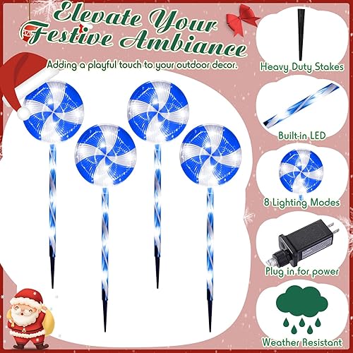 Miniatura 10 de Baquler - Paquete de 8 luces navideñas para caminos al aire libre, 152 luces LED de piruleta de menta con 8 modos de iluminación, impermeables,
