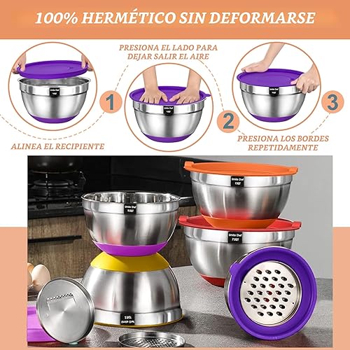 Miniatura 2 de Umite Chef Cuencos para mezclar con tapas herméticas, juego de 26 cuencos de acero inoxidable, 3 accesorios para rallar y parte inferior
