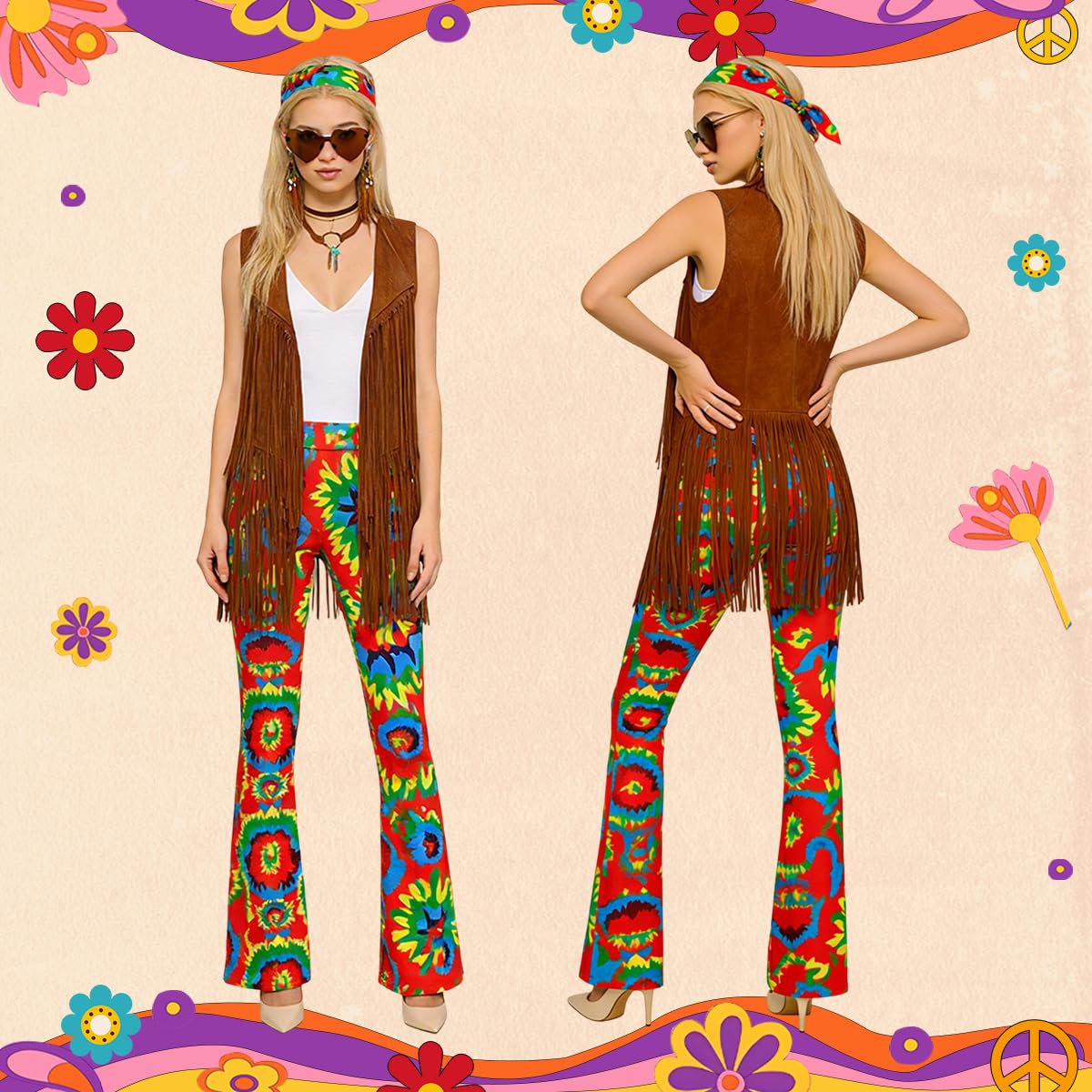 Generico BITOYO Costume Carnevale Donna Hippie Anni 70, Gilet con Frange, Pantalone a Zampa, Occhiali da Sole, Collana, Bracciali e Fascia per Feste a Tema Carnevale