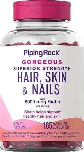 Piping Rock Vitaminas para el cabello, la piel y las uñas, 165 cápsulas blandas, 5000 mcg de biotina extra fuerte, con argán y aceite de coco,