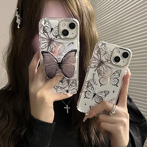Miniatura 6 de Aeilene Funda de teléfono de mariposa para iPhone 14, bonita funda de teléfono de mariposa 3D con espejo plateado de Corea con soporte de mariposa
