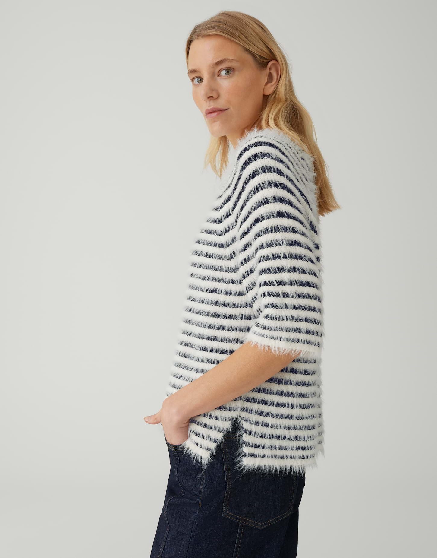 OPUS Damen Pullover | PAIRY Regular Flauschiger Kurzarmstricker mit Streifenmuster