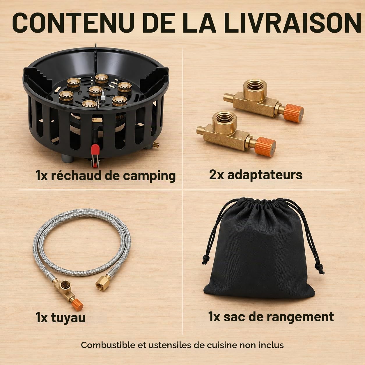 Réchaud de camping 21000 W, portable, avec 3 adaptateurs pour propane et butane, cuisinière à gaz d'extérieur légère avec allumage électronique, idéal pour les randonnées, la randonnée et le camping