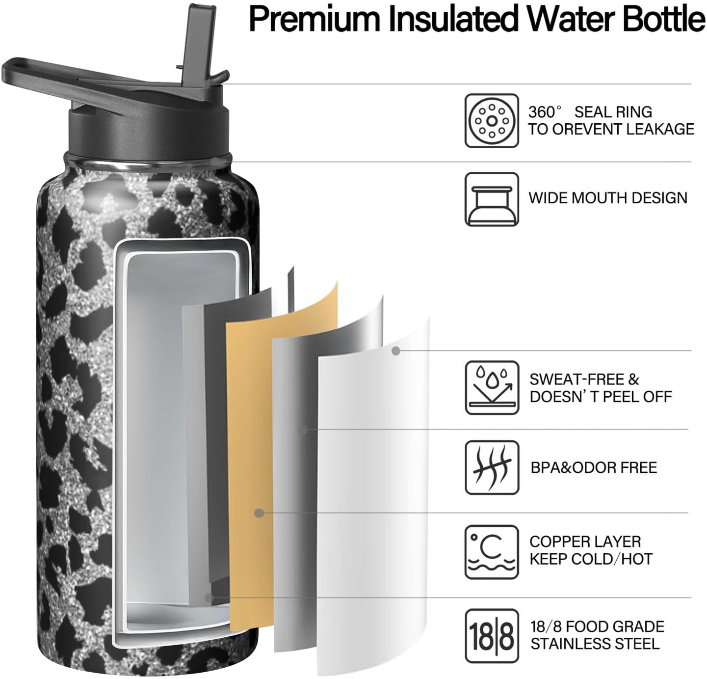 32oz Leopard Water Bottle with Handle and Flip Straw, Sports Stainless Steel Insulated Cup Travel Coffee Mug Tumbler, Birthday Mothers Day Chritmas Gifts for Women - Image 3
