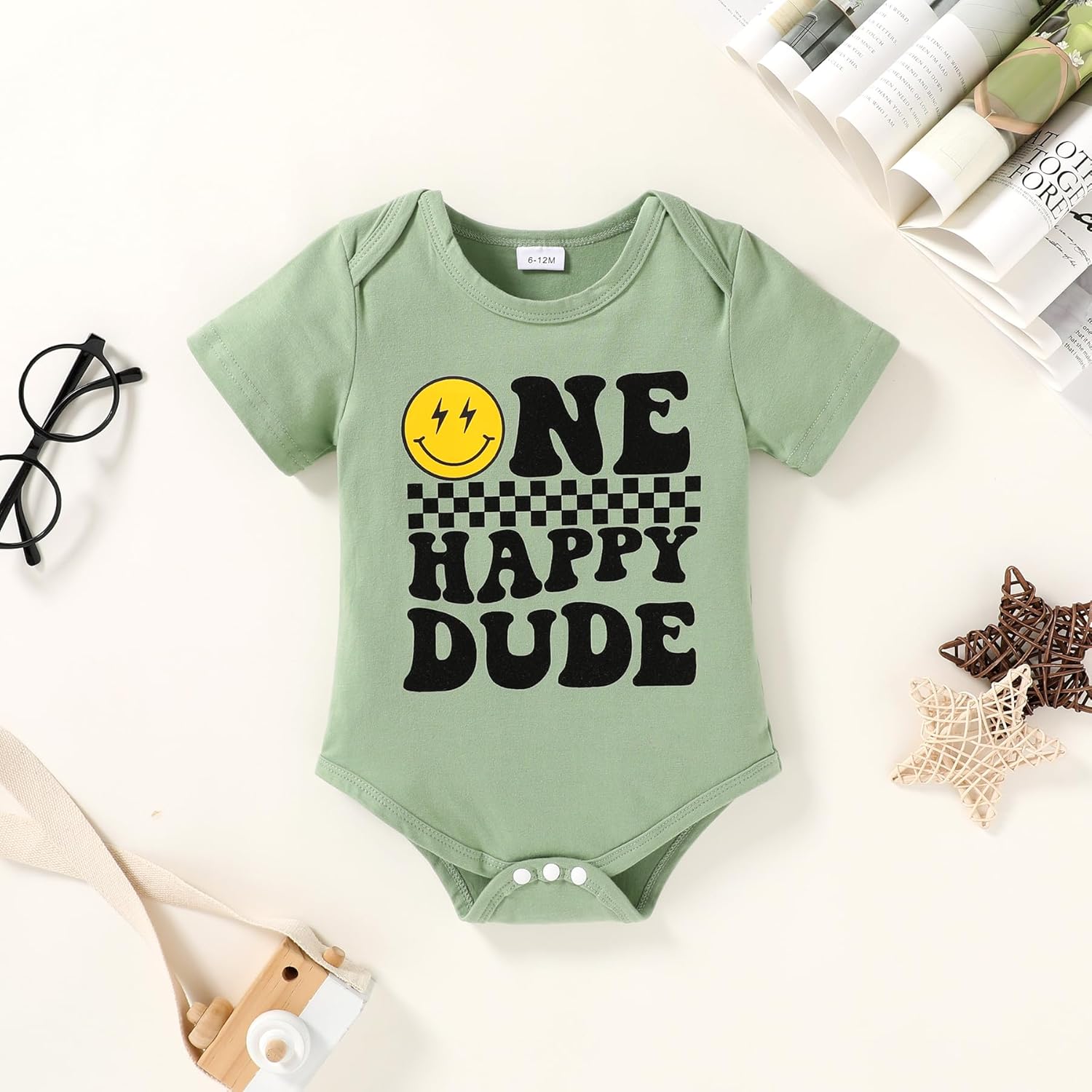 Happy Town Boy Baby First Birthday Outfit Short Sleeve Romper One Happy Dude Bodysuit 1 Year Old Gift Smiley Face Clothes - Image 2