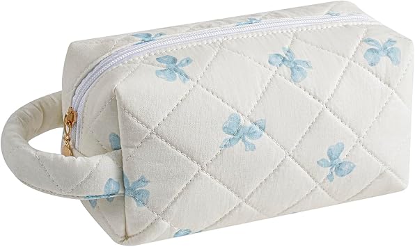 Gleyemor Cute Small Quilted Makeup Bag for Women, Floral Cotton Cosmetic Bag, Toiletry Pouch Travel Essentials Christmas Gifts Blue Bowknot