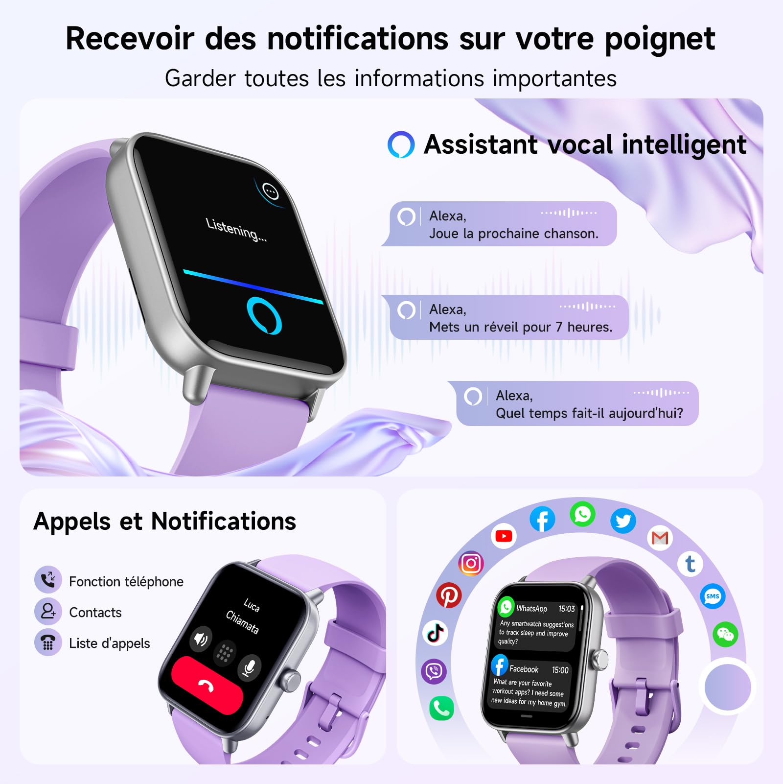Montre Connectée Femme Appel Bluetooth, 1.8" Montre Connectée pour Samsung iPhone Android, Voix de l'IA, Alexa intégrée, Smartwatch Moniteur de SpO2/Sommeil/Podometre/Calories, IP68, 100+ Modes