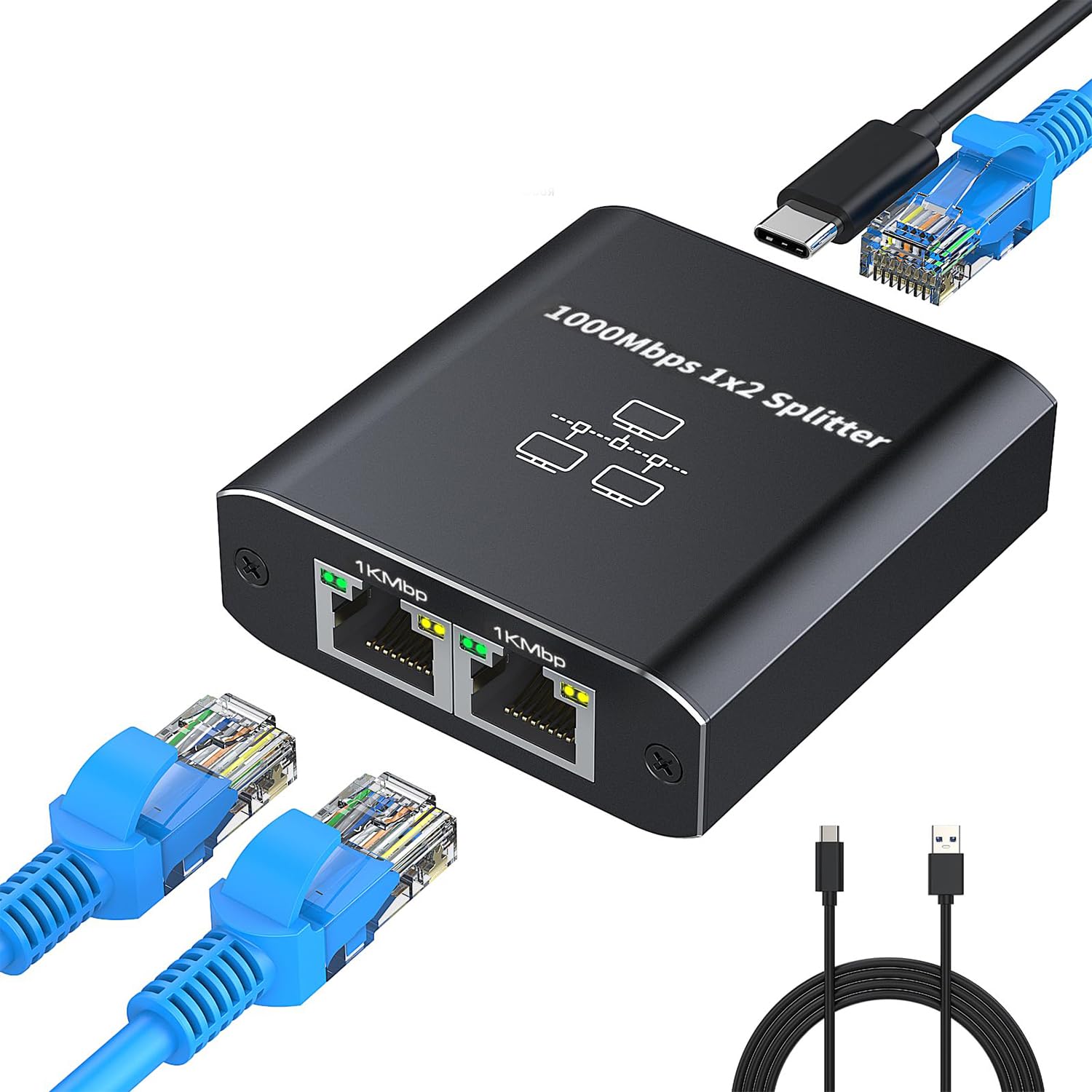Ethernet Splitter 1 to 2 High Speed 1000Mbps, IGGDOQI Gigabit Ethernet Splitter, LAN Splitter with USB Power Cable, RJ45 for Cat5/5e/6/7/8 Cable (2 Devices Simultaneously Networking)
