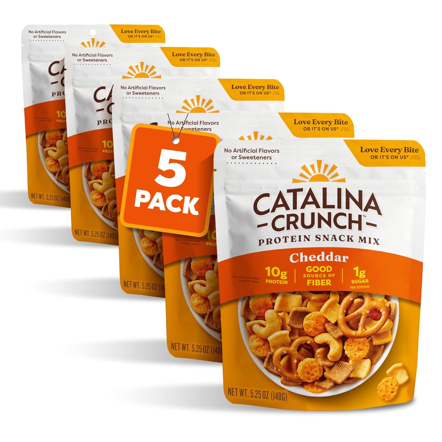Catalina Crunch Protein Snack Mix with Cheese Crisps | 10g Protein, 1g Sugar per Serving | Good Source of Fiber, Keto, Gluten Free | Cheddar, 5.25 Ounce Bag (Pack of 5) - Packaging May Vary