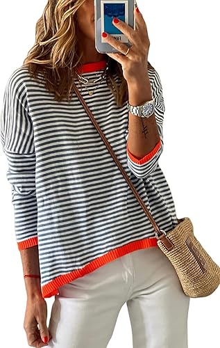 Womens Lightweight Cotton Sweaters Long Sleeve Crew Neck Color Block Striped Kni&hellip;